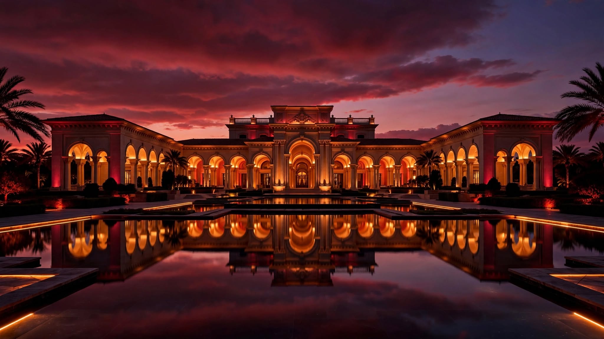 Illuminated luxury casino hotel exterior at dusk with architectural water fountains