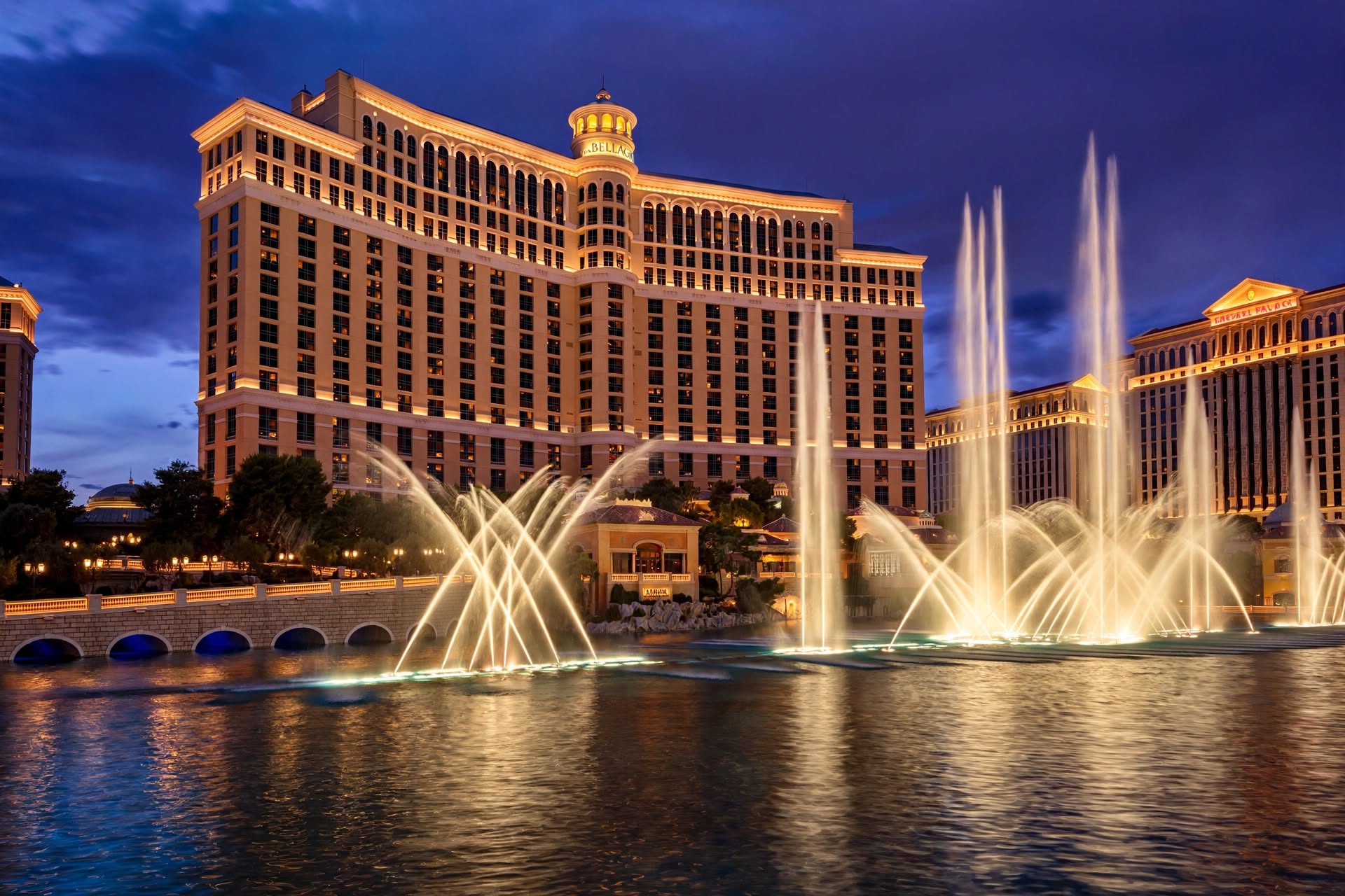 Bellagio resort facade and fountains in Las Vegas