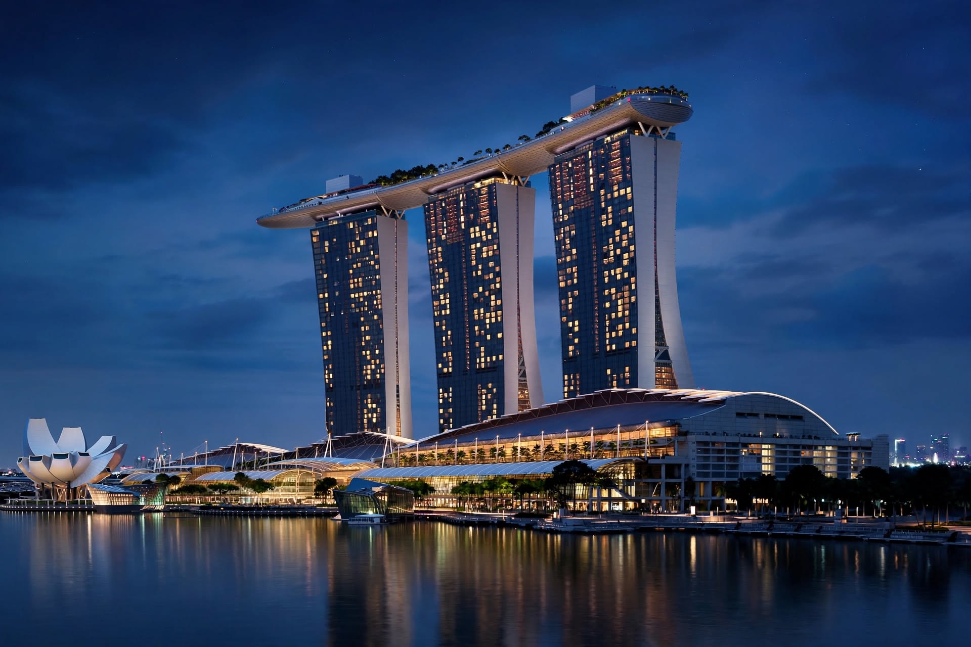 Marina Bay Sands three towers and SkyPark in Singapore