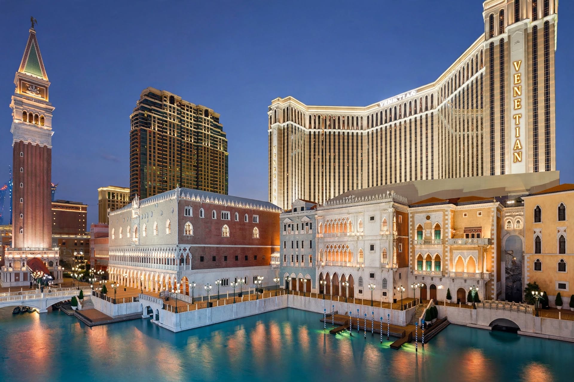 The Venetian Macao illuminated canals and Venetian-inspired architectural facade