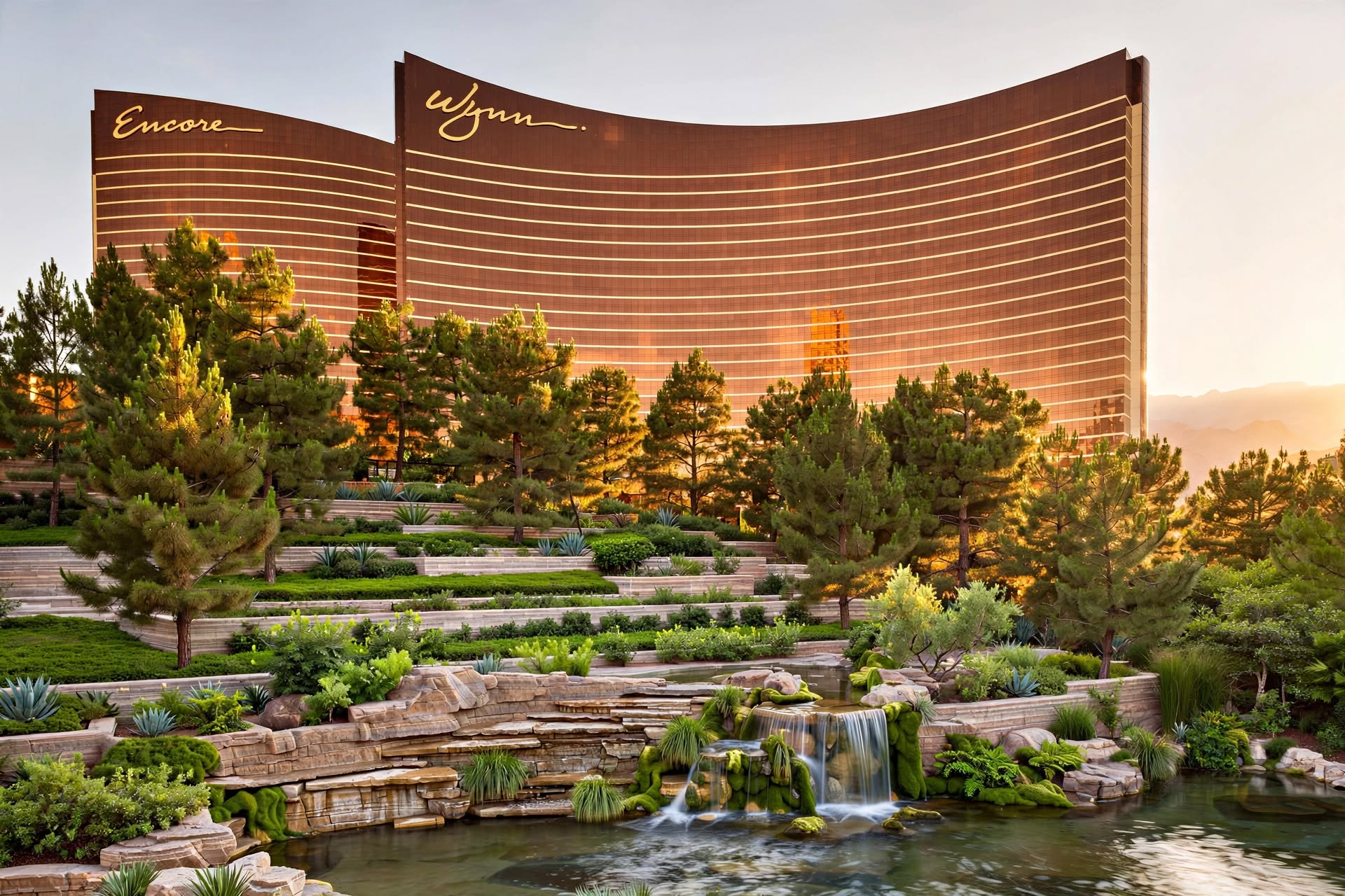 Wynn Las Vegas curved bronze tower reflected against manicured gardens