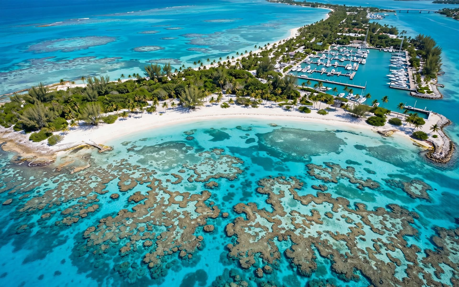 Bahamian coastline with coral reefs and luxury resort marina