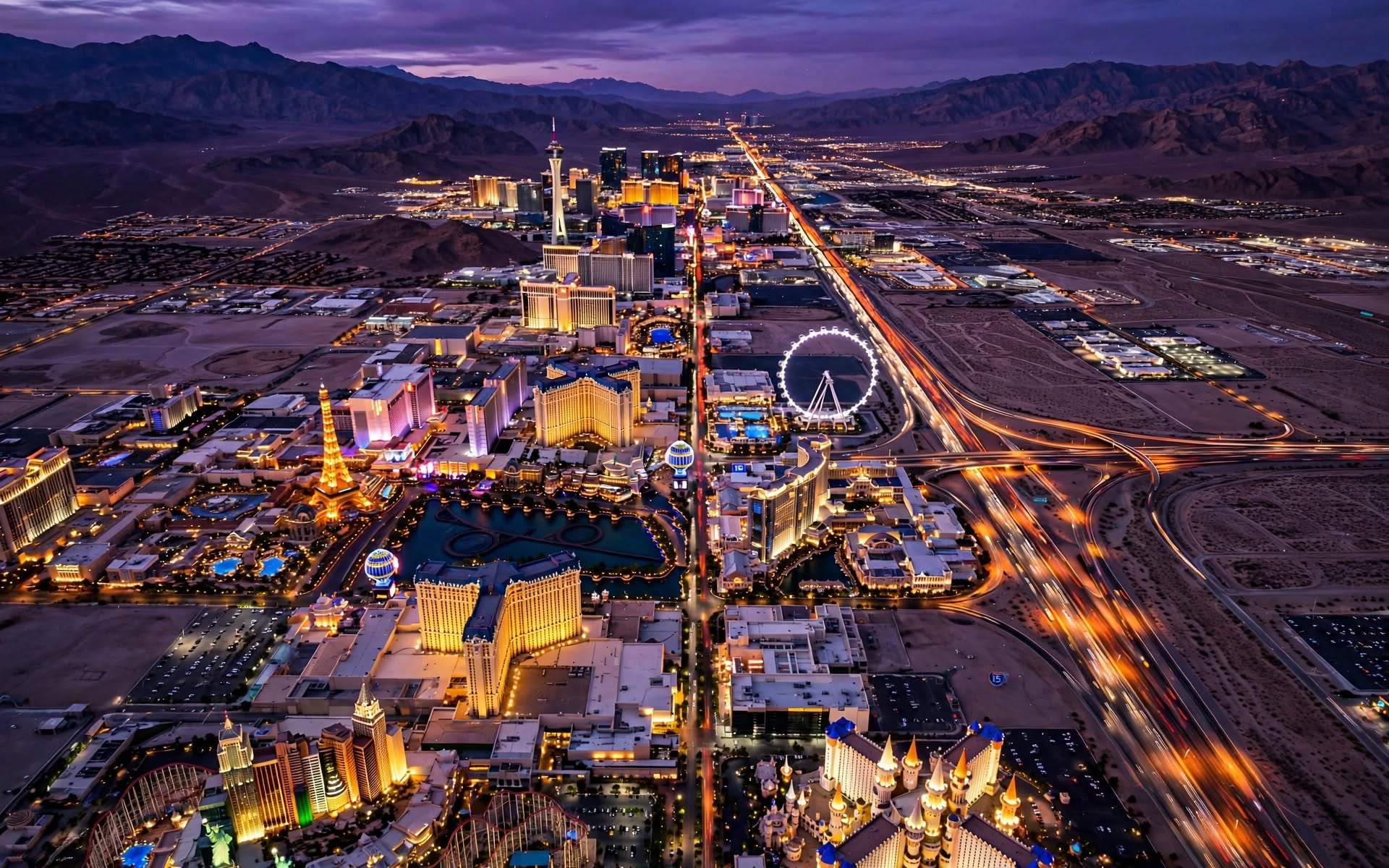 Aerial view of Las Vegas Strip resort towers and transit arteries