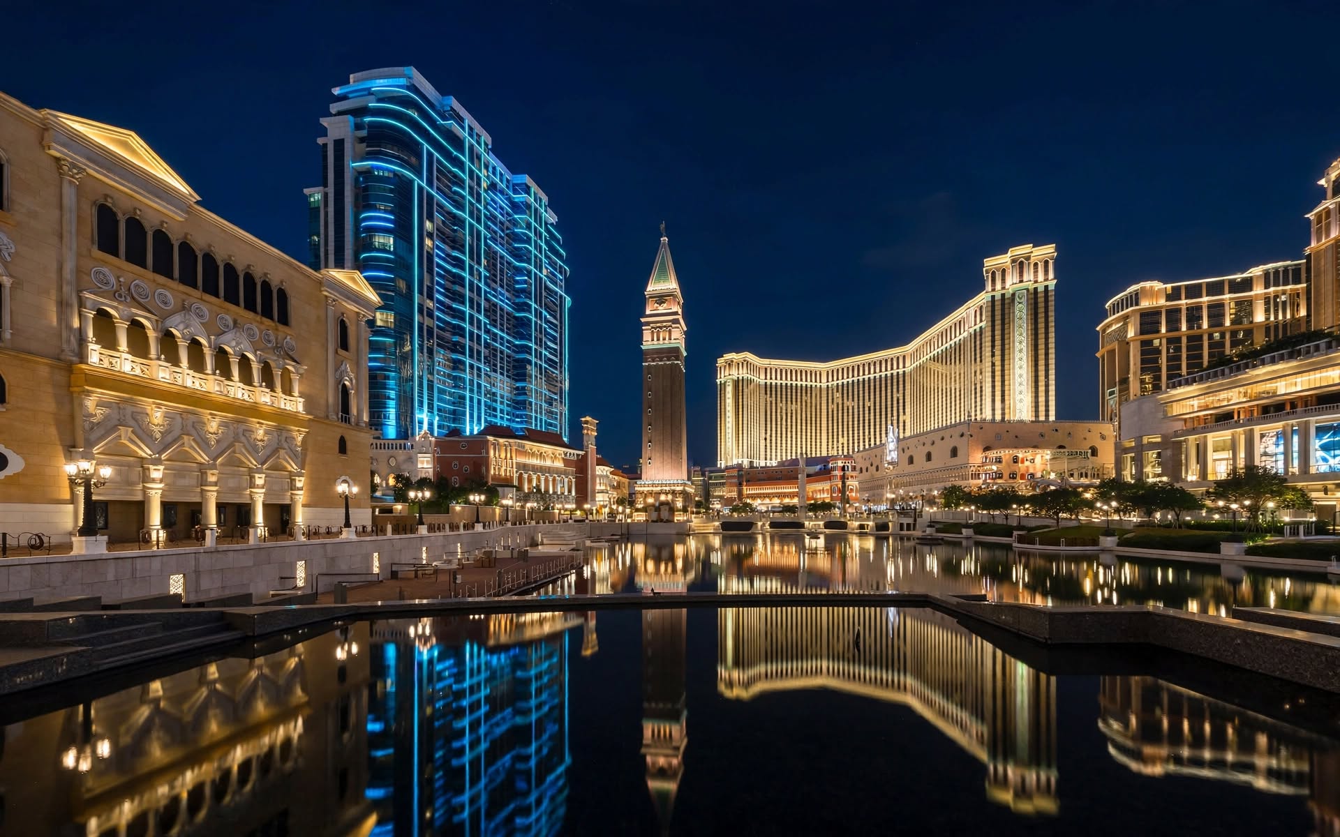 Cotai Strip illuminated neon facades and architectural landmarks