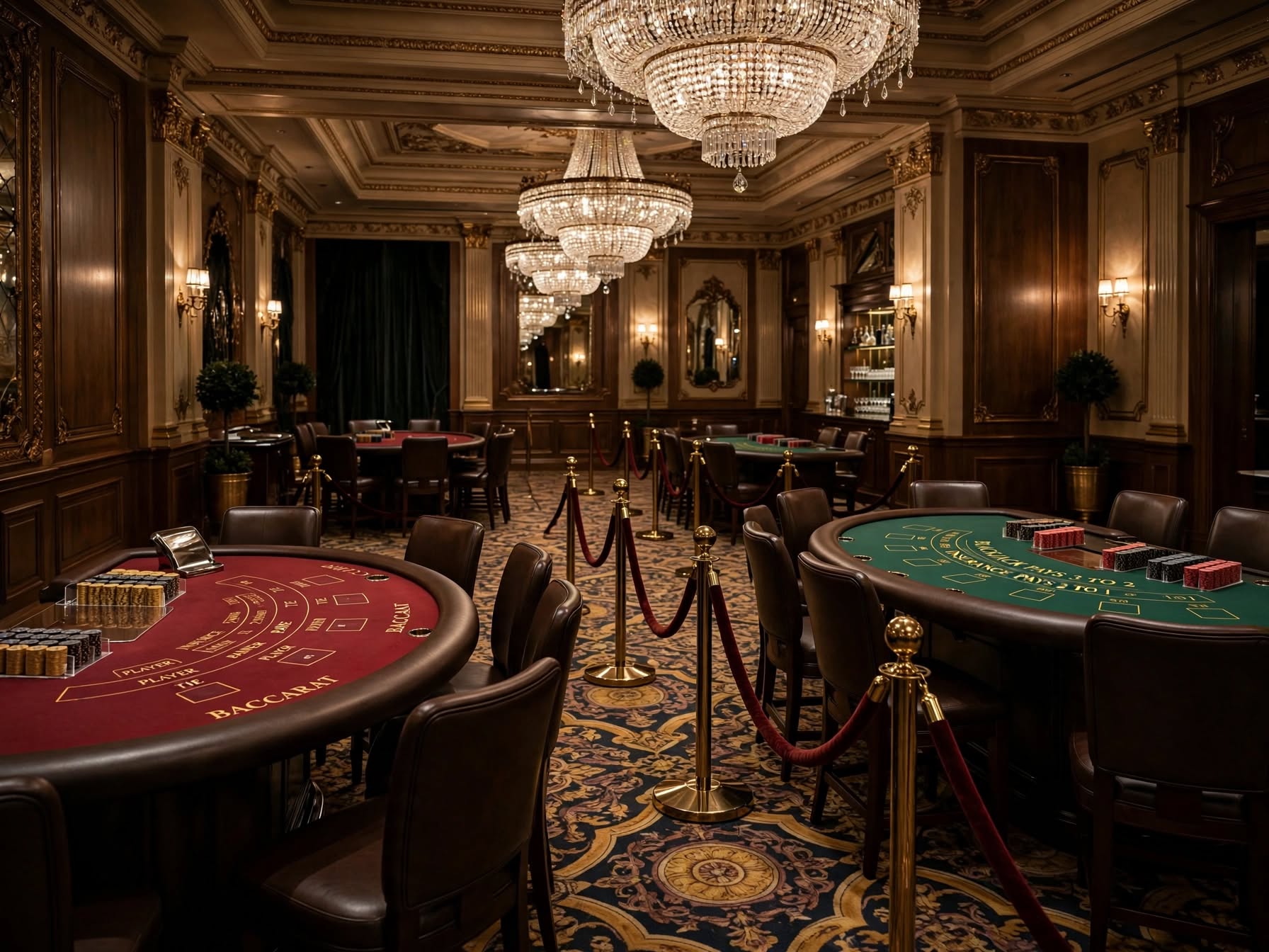 Spacious casino table gaming salon with green and red felt tables under chandeliers
