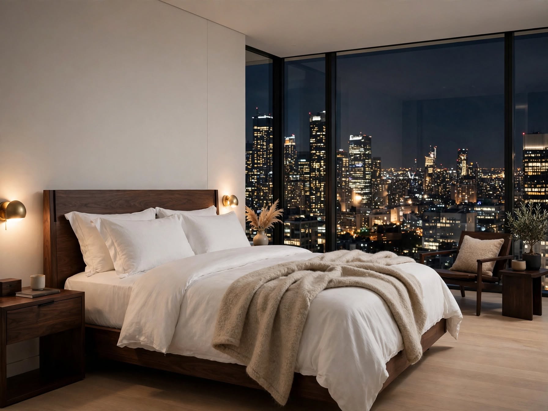 Architectural luxury hotel suite interior overlooking evening city skyline