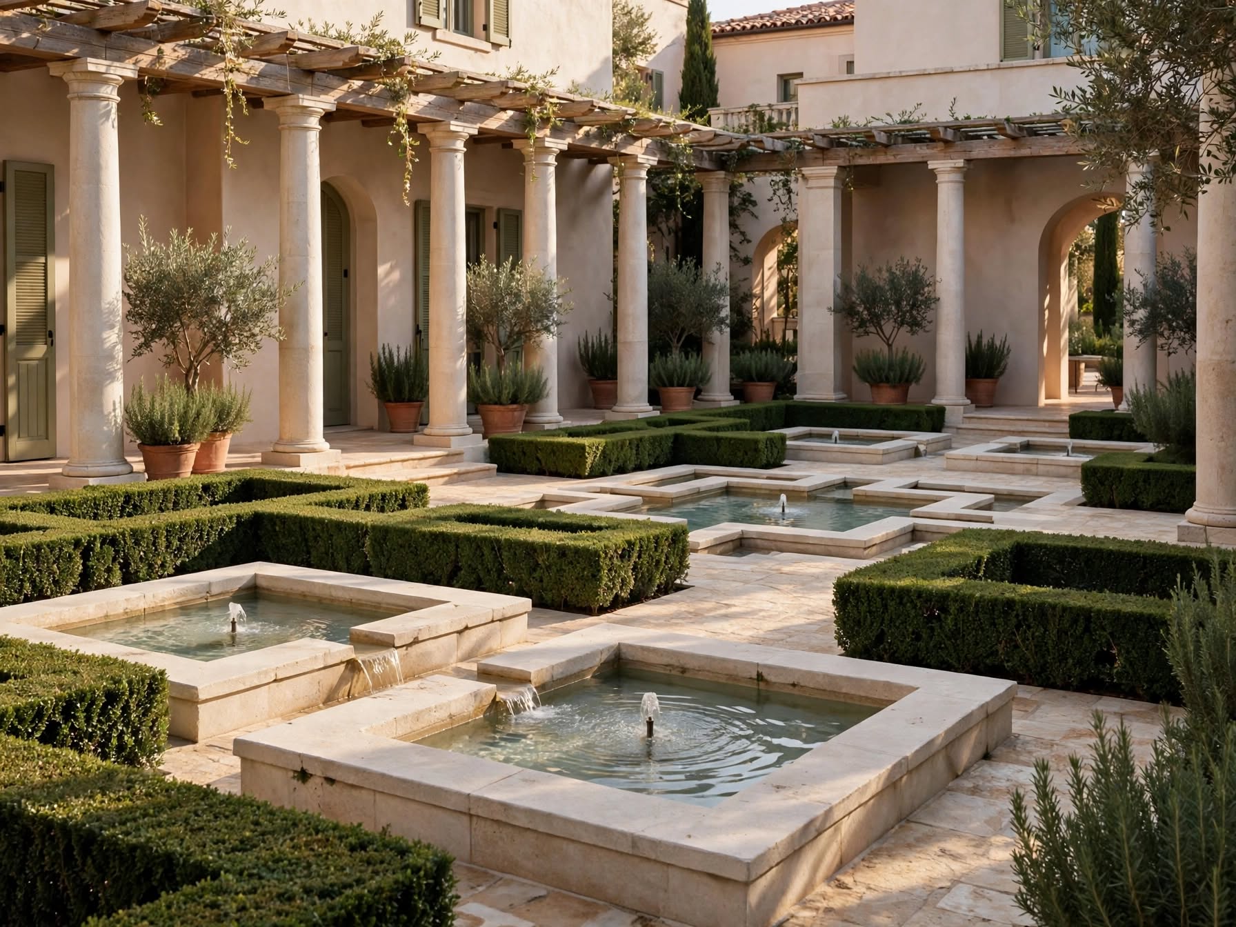 Tranquil outdoor terrace garden with reflecting pools and palm trees